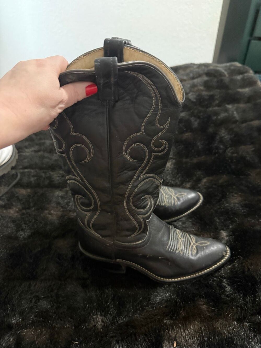 Vintage 70s Acme Cowboy Boots: Black Leather, Multi-Stitch Detail, Size 6